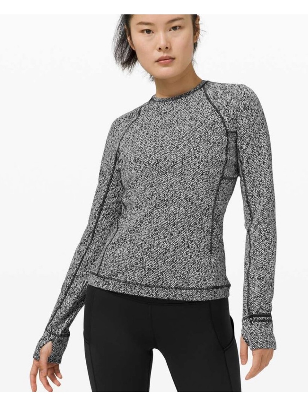 lululemon Runderful Long Sleeve Black & White Scattered Harringbone Top
